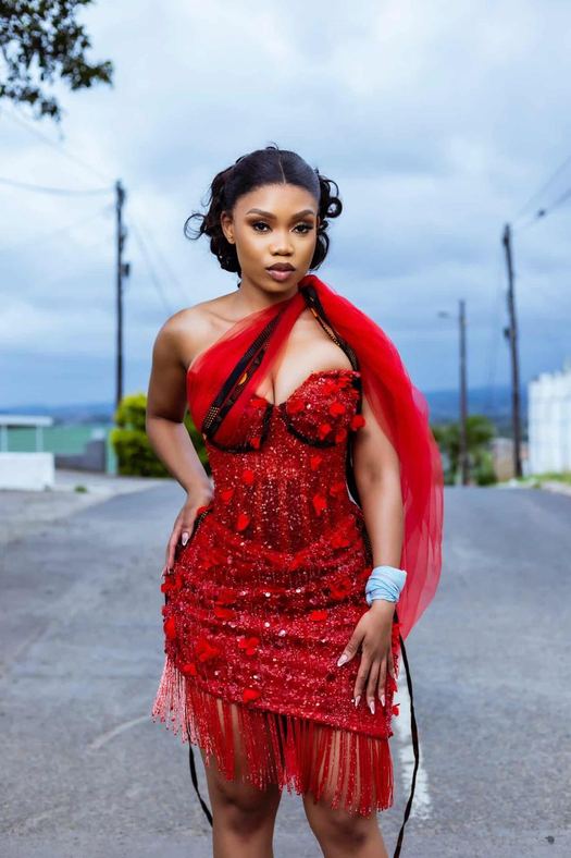 Short Rosa — Red beaded fringe at mini length, with a red sash left long down the back.
